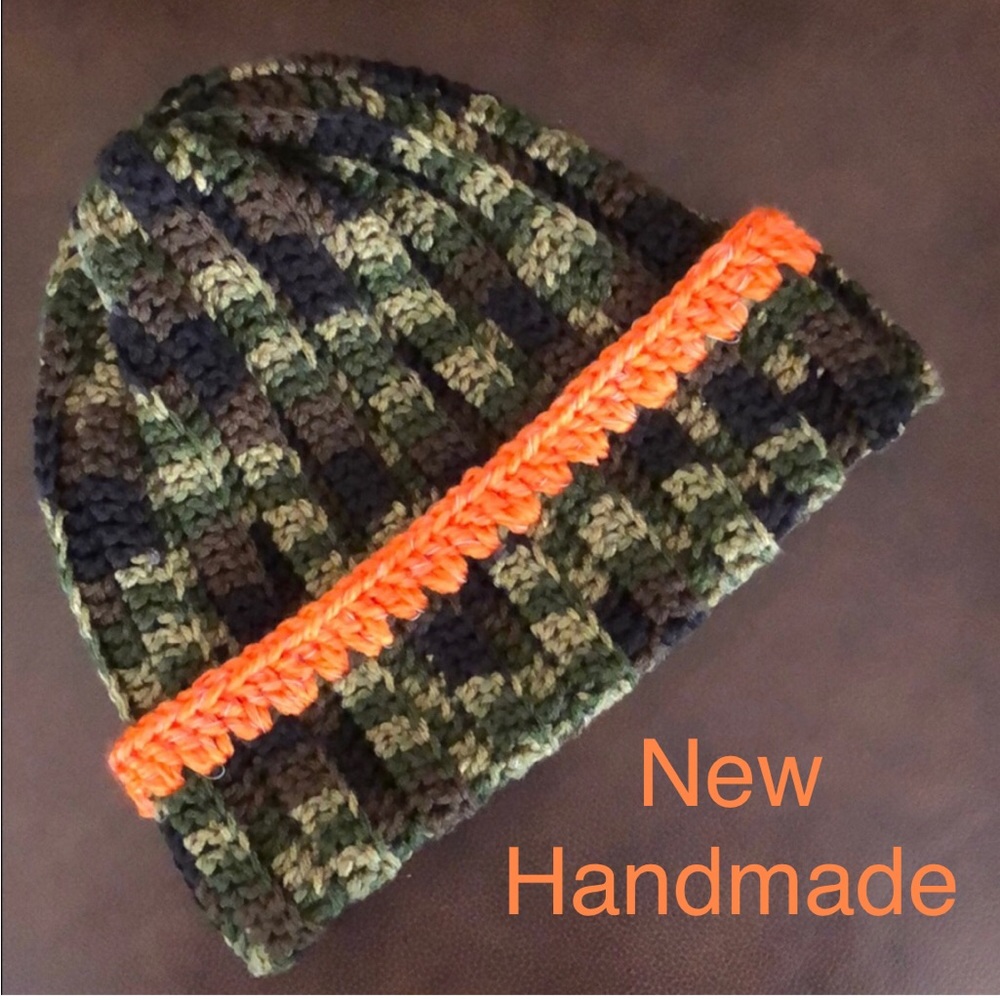 Hunting camouflage beanie hat camo with orange reflective yarn handmade #M-100 - Picture 1 of 7